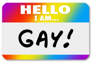 Hello I Am Gay words on a nametag sticker to come out as a homos